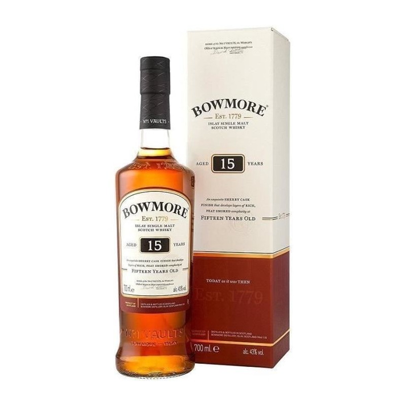 Whisky Bowmore 15 ans Darkest - Islay Single malt scotch whisky - Ecosse - 43%vol - 70cl sous étui