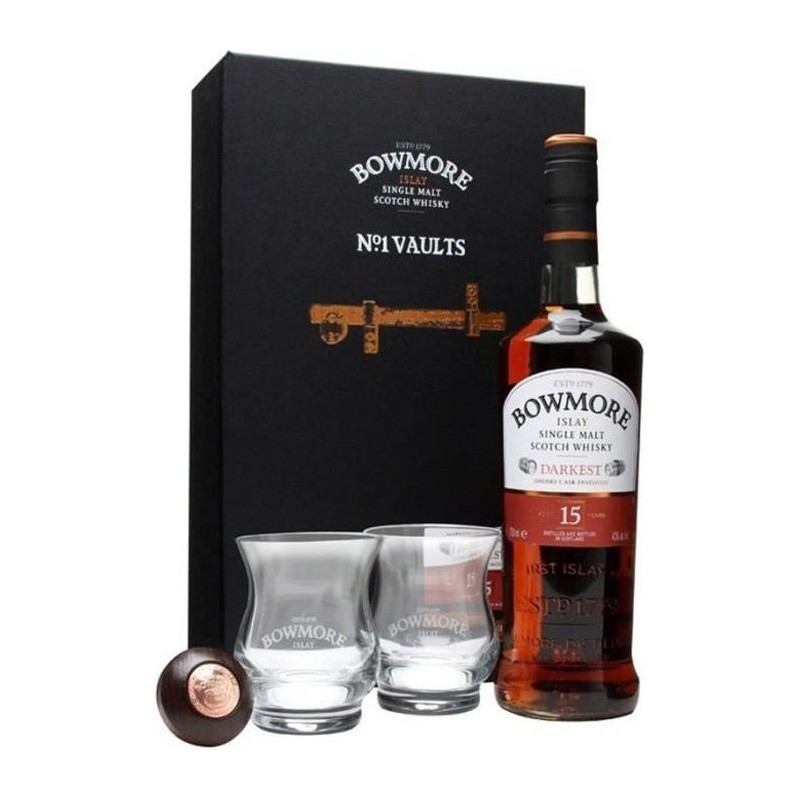 Bowmore - 15 ans - Darkest - Islay single malt scotch whisky - 43,0 % Vol. - 70 cl - Coffret avec 2 verres