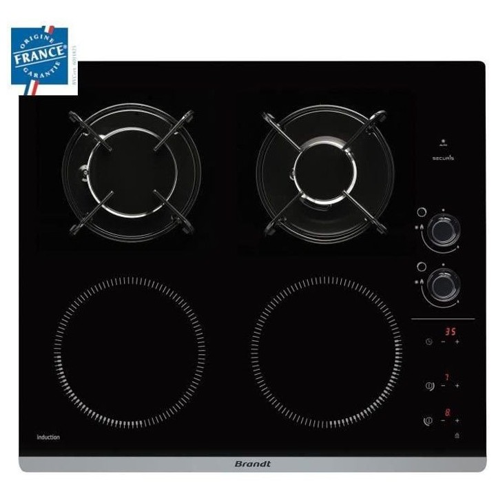 BRANDT BPI6413BM - Table de cuisson mixte induction / gaz - 4 zones -
