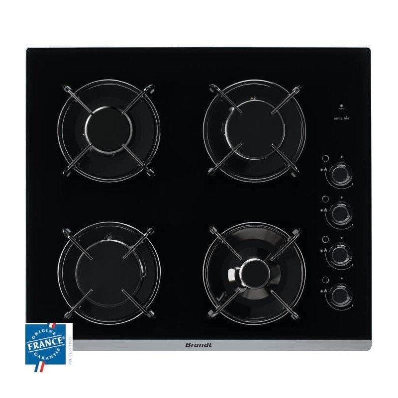 BRANDT BPG6413B Plaque de cuisson gaz - 4 foyers - L 51 x P 58 cm - Revetement verre - Noir