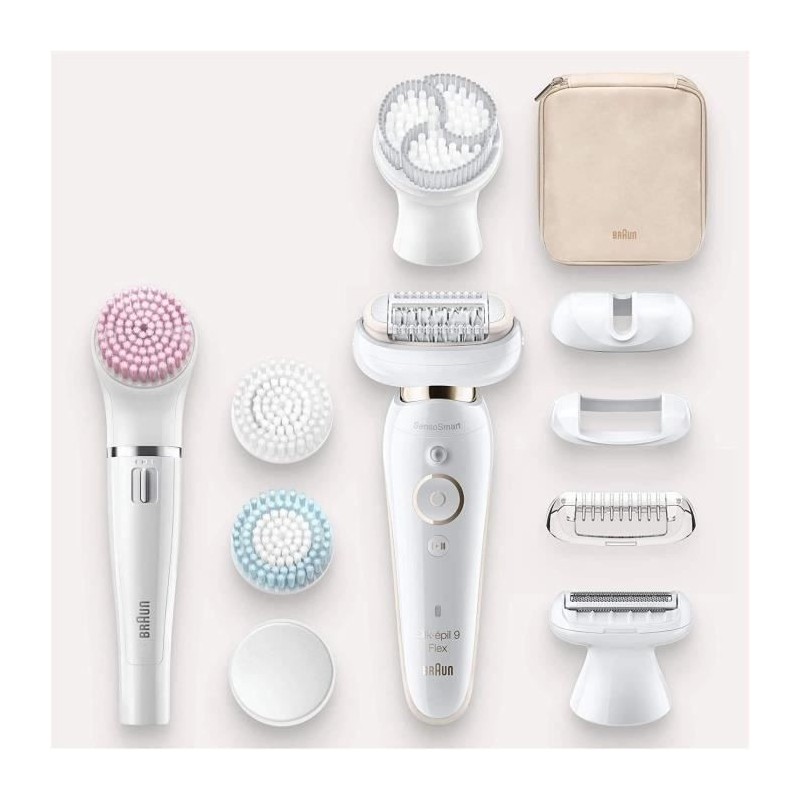 Braun Silk-épil 9 Coffret Beauté & Spa Epilateur Electrique Femme Blanc/Doré, Brosses Exfoliantes, Éponge Maquillage, 9-100