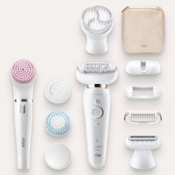 Braun Silk-épil 9 Coffret Beauté & Spa Epilateur Electrique Femme Blanc/Doré, Brosses Exfoliantes, Éponge Maquillage, 9-100