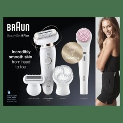 Braun Silk-épil 9 Coffret Beauté & Spa Epilateur Electrique Femme Blanc/Doré, Brosses Exfoliantes, Éponge Maquillage, 9-100