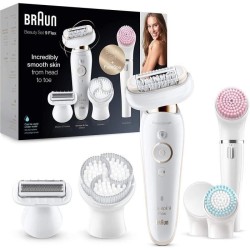 Braun Silk-épil 9 Coffret Beauté & Spa Epilateur Electrique Femme Blanc/Doré, Brosses Exfoliantes, Éponge Maquillage, 9-100