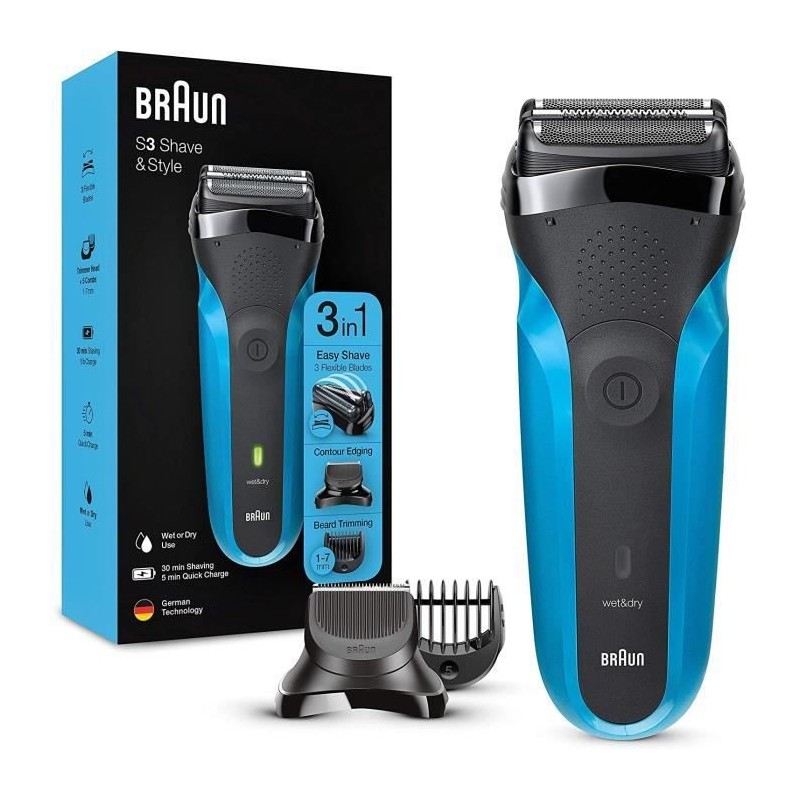 Braun Series 3 Shave & Style Rasoir Électrique Homme 3-En-1 Noir/Bleu, Équipé De La Technologie Wet & Dry Avec Tondeuse a Bar