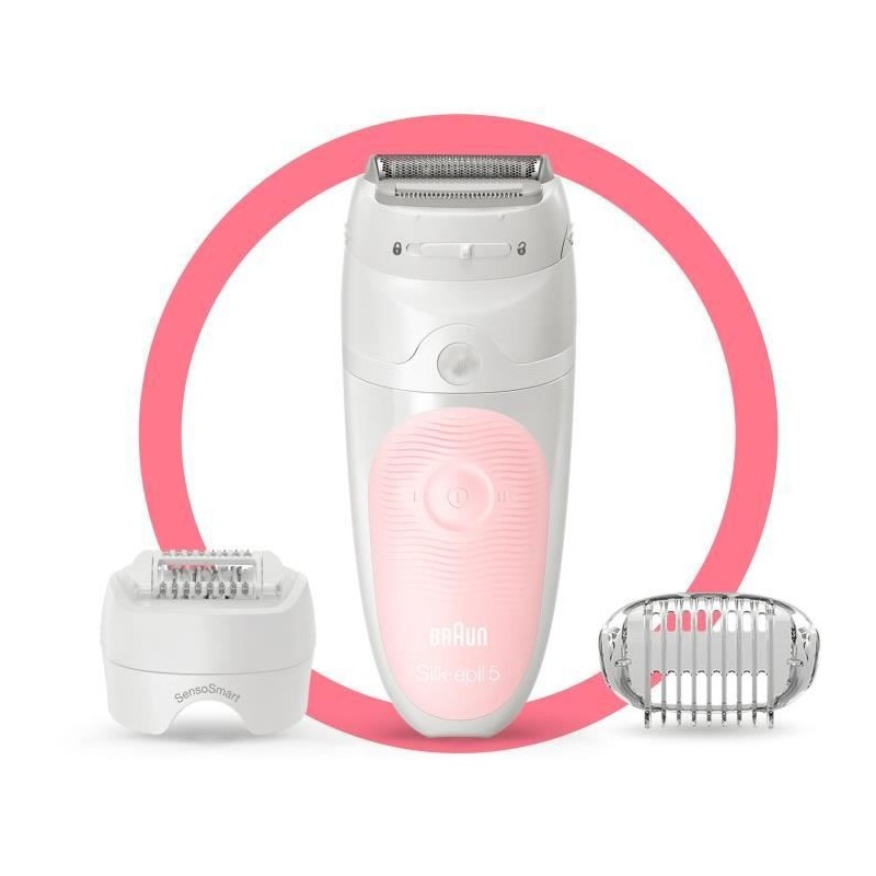 Braun Silk-épil 5 Épilateur Électrique Femme, Blanc/Rose, Tete De Rasage+Tondeuse, Épilation Douceur, Technologie Wet & Dry