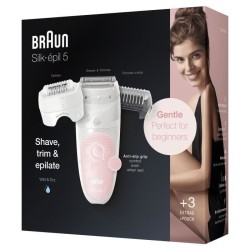 Braun Silk-épil 5 Épilateur Électrique Femme, Blanc/Rose, Tete De Rasage+Tondeuse, Épilation Douceur, Technologie Wet & Dry