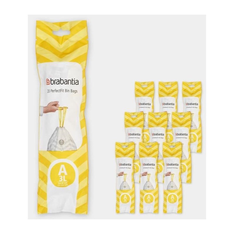 BRABANTIA 10 rouleaux de 20 sacs poubelle PerfectFit Code A 3L - Blanc