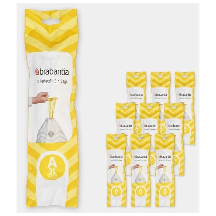 BRABANTIA 10 rouleaux de 20 sacs poubelle PerfectFit Code A 3L - Blanc