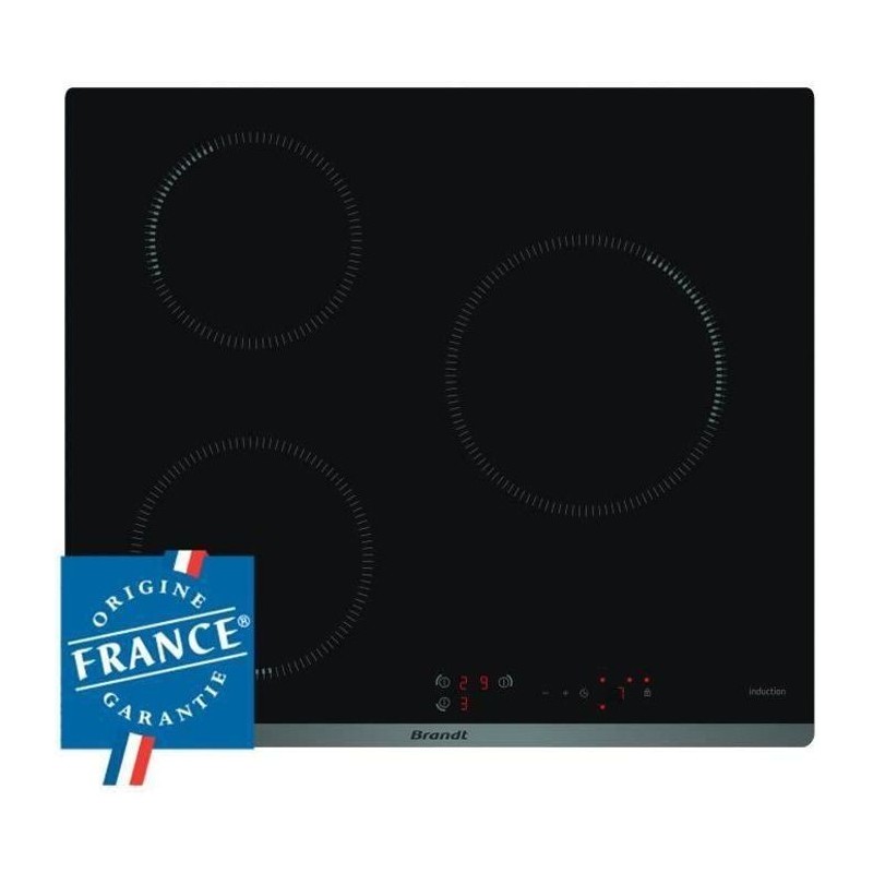 Table de cuisson induction BRANDT - 3 zones - 4600W - Revetement verre - Noir - L58 x P51 cm - BPI6310B