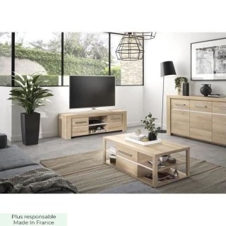 Meuble TV OLERON - 2 tiroirs - Décor chene - Made in France - L 160 x