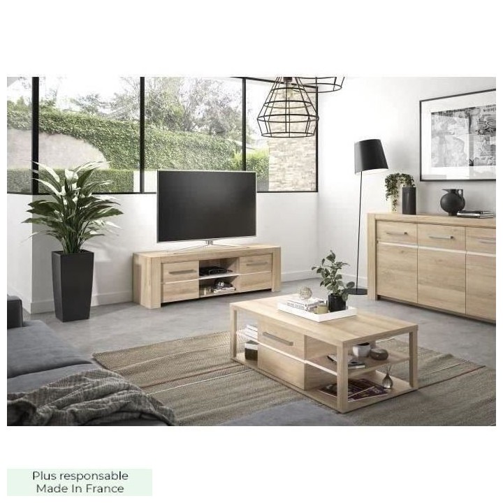 Meuble TV OLERON - 2 tiroirs - Décor chene - Made in France - L 160 x