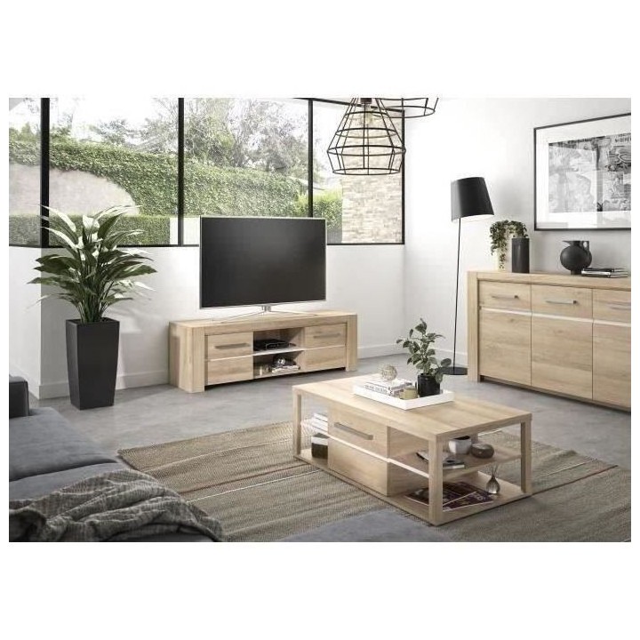 Meuble TV OLERON - 2 tiroirs - Décor chene - Made in France - L 160 x