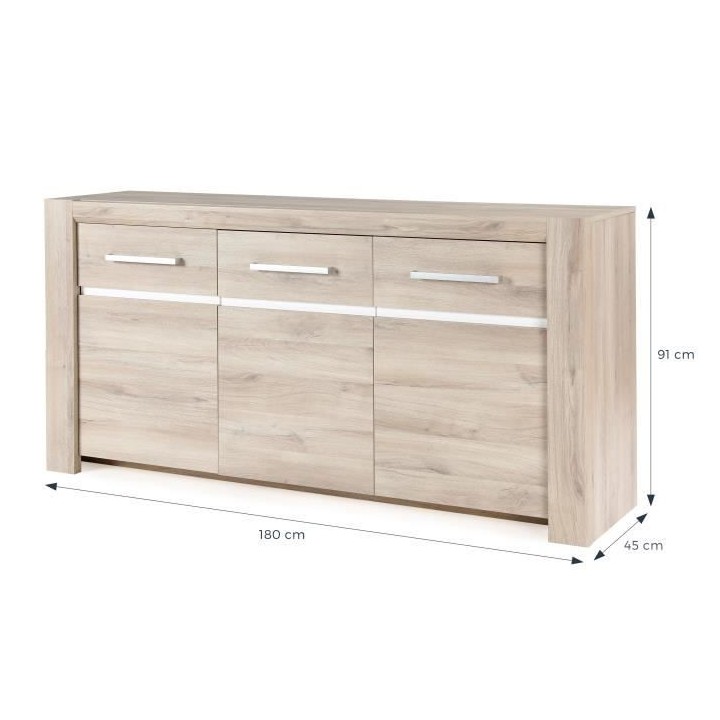 Buffet OLERON - 3 portes - Décor chene - Made in France - L 180 x P 4
