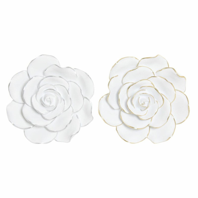 Décoration murale DKD Home Decor Blanc Doré Argenté Fleur Romantique 21 x 7 x 21 cm (2 Unités)