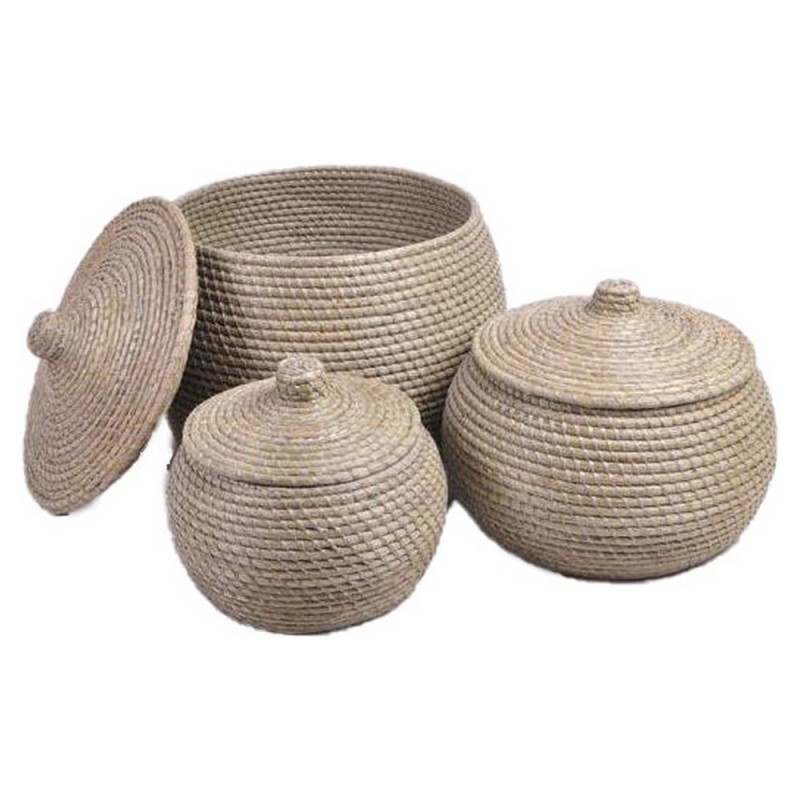 Set de basket DKD Home Decor Blanc Gris Multicouleur Naturel Herbier marin Boho 44 x 44 x 47,5 cm (3 Pièces)