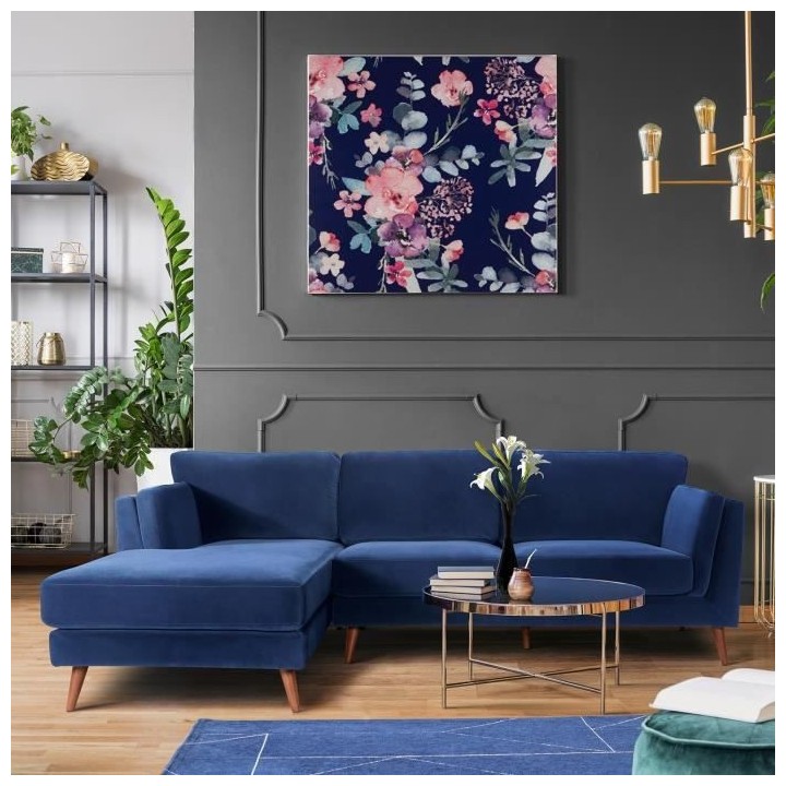 Canapé d'angle gauche 4 places BRISTOL -Velours Bleu - L 256 x P 89 x