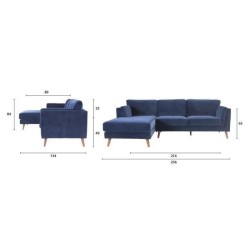 Canapé d'angle gauche 4 places BRISTOL -Velours Bleu - L 256 x P 89 x H 84 cm