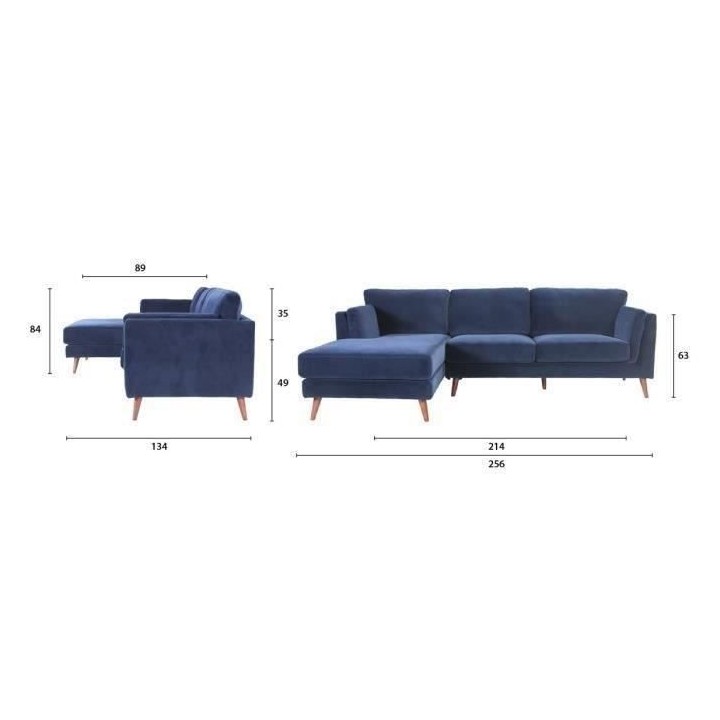 Canapé d'angle gauche 4 places BRISTOL -Velours Bleu - L 256 x P 89 x
