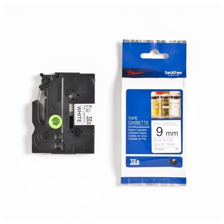 Ruban BROTHER - TZEN221 - 9mm Noir sur fond Blanc - Qt 1