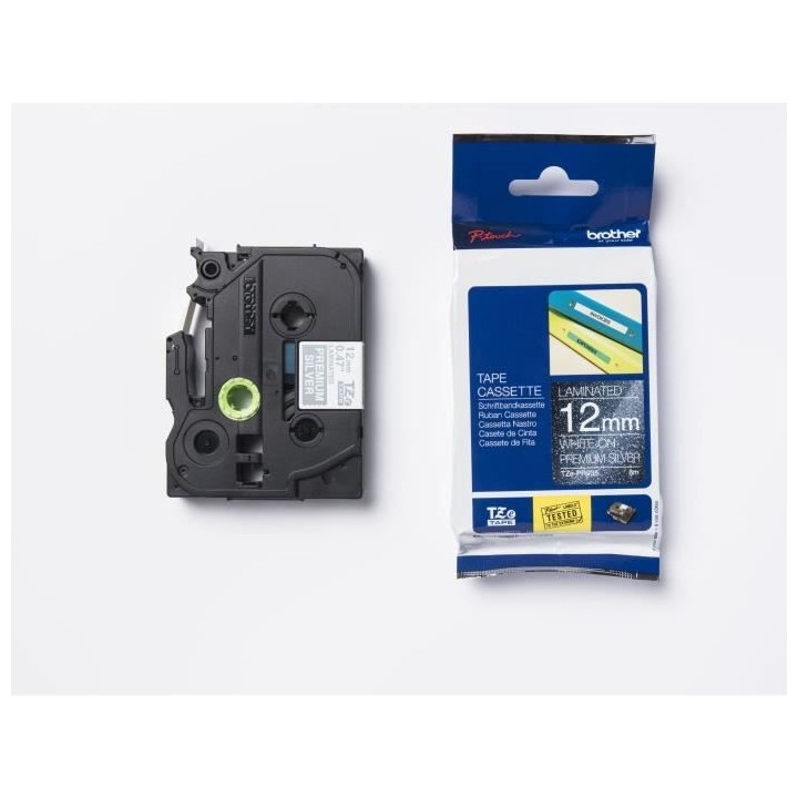 Ruban BROTHER - TZEPR935 - 12mm Blanc sur fond Argent Premium - Qt 1