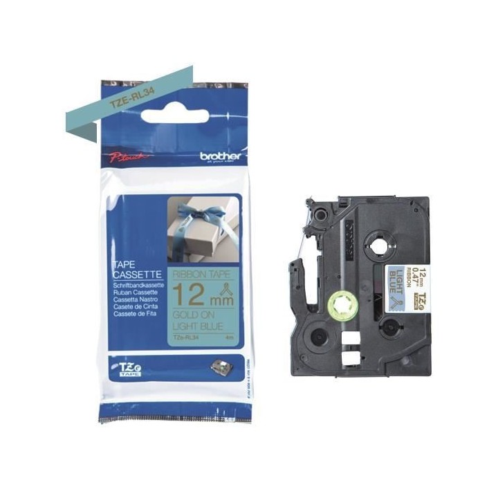 Ruban BROTHER - TZERL34 12mm or sur bleu clair - Qt 1