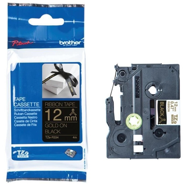 Ruban BROTHER - TZER334 - 12mm or sur noir - Qt 1