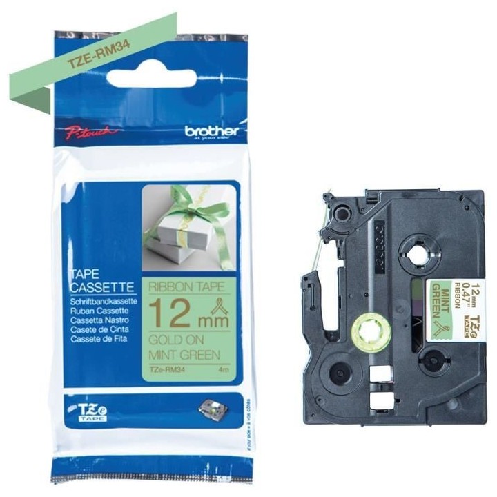 Ruban BROTHER - TZERM34 - 12mm or sur vert menthe - Qt 1