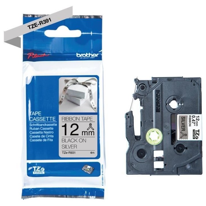 Ruban BROTHER - TZER931 - 12mm noir sur gris - Qt 1