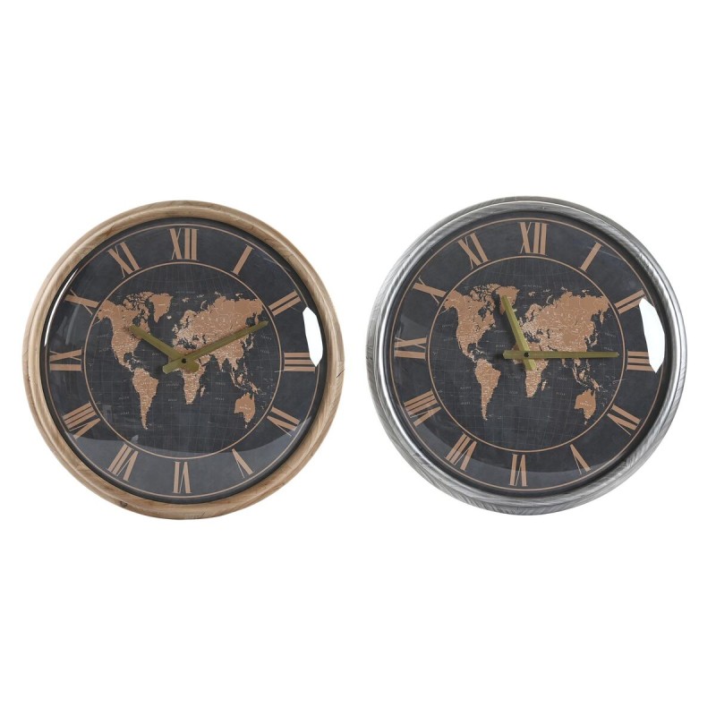 Horloge Murale DKD Home Decor 46 x 6,5 x 46 cm Verre Argenté Noir Doré Marron Fer Mappemonde (2 Unités)