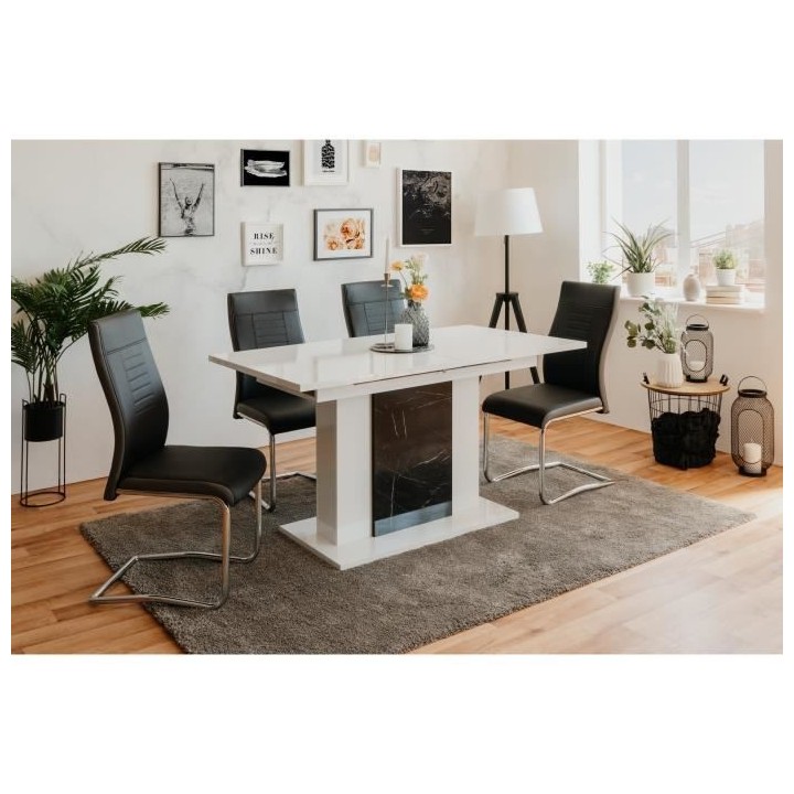 Table a manger extensible - Blanc brillant et marbre foncé - BRUGGE -
