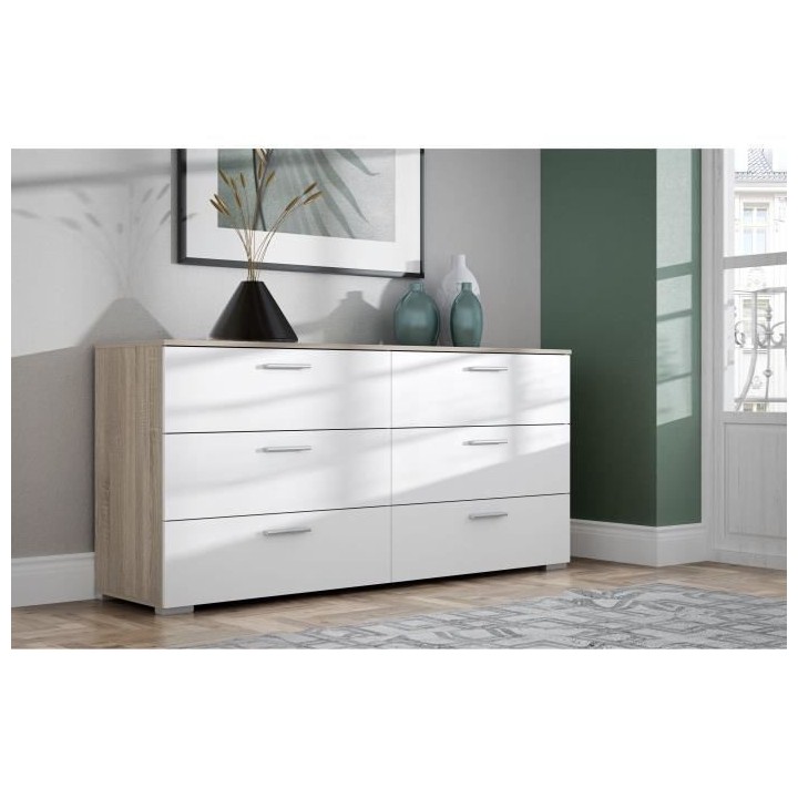 Commode 6 tiroirs - Décor chene et blanc mat - Contemporain - L 159,9