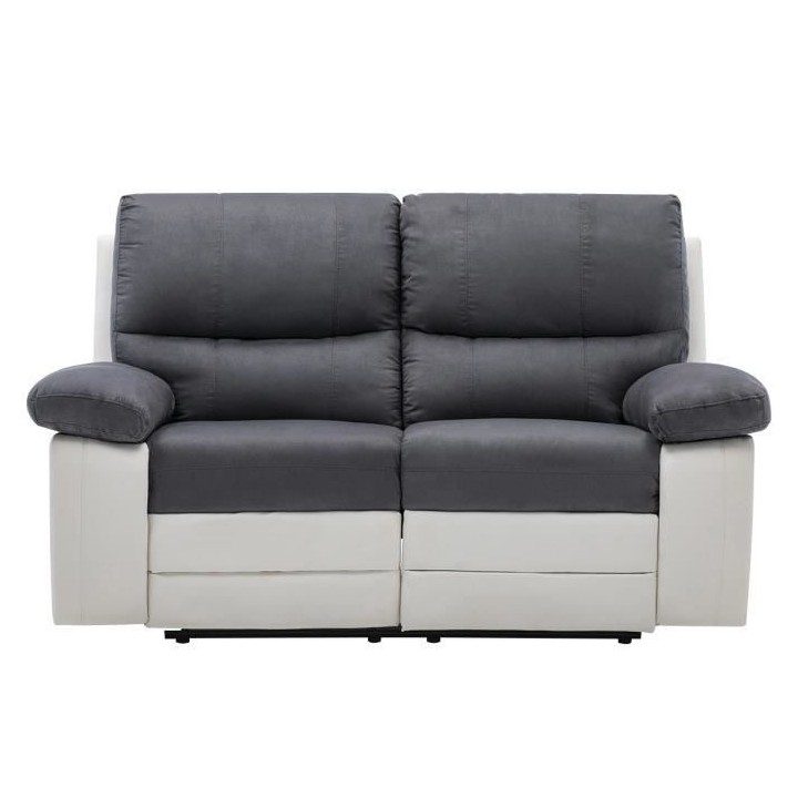 Canapé relax manuel - 2 places - DUSTIN - Tissu gris et Simili blanc