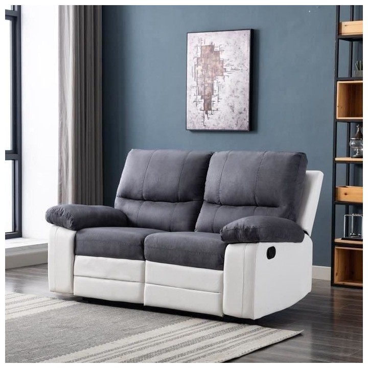 Canapé relax manuel - 2 places - DUSTIN - Tissu gris et Simili blanc