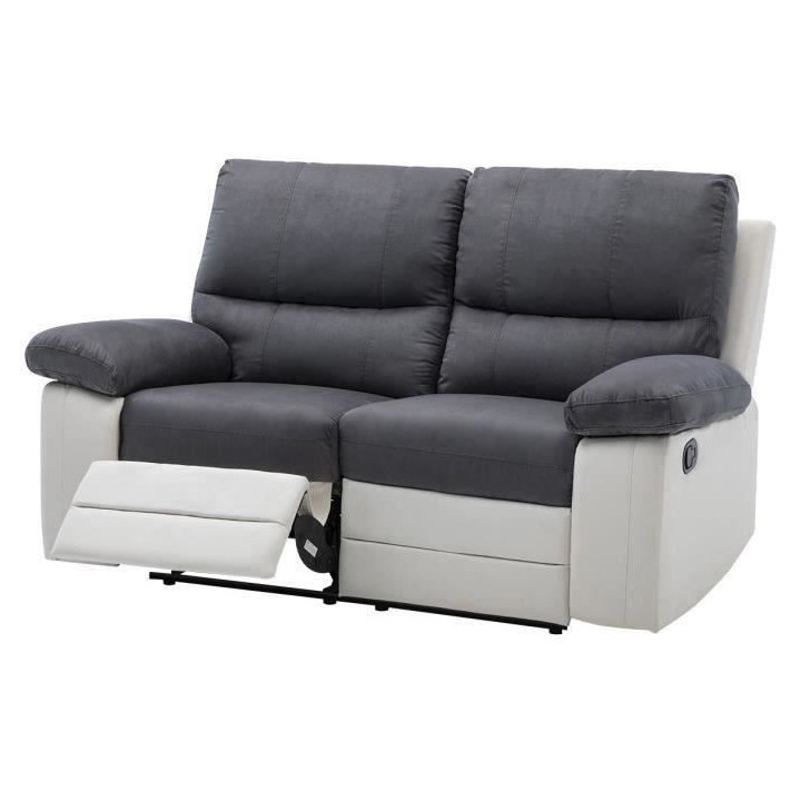 Canapé relax manuel - 2 places - DUSTIN - Tissu gris et Simili blanc