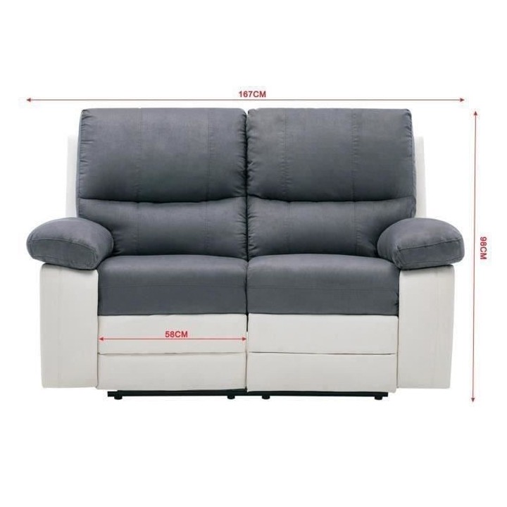 Canapé relax manuel - 2 places - DUSTIN - Tissu gris et Simili blanc