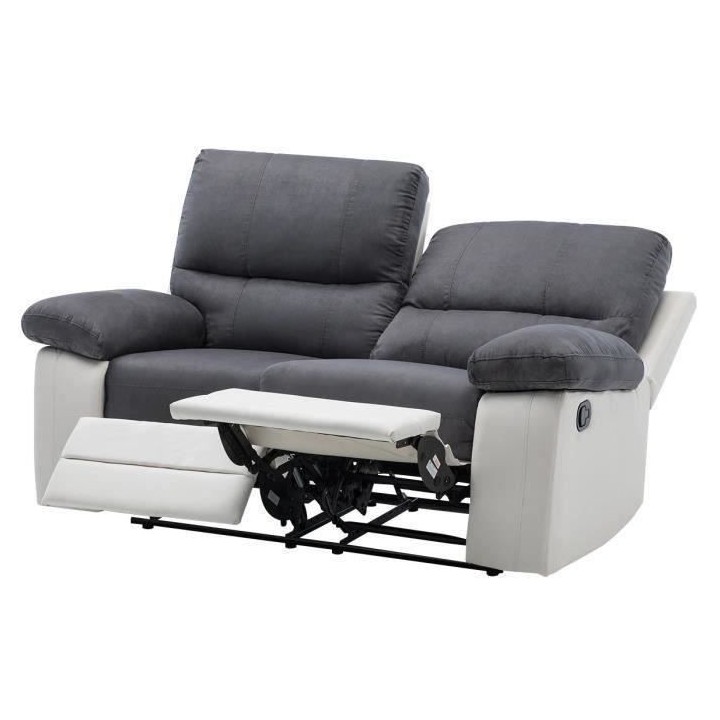 Canapé relax manuel - 2 places - DUSTIN - Tissu gris et Simili blanc