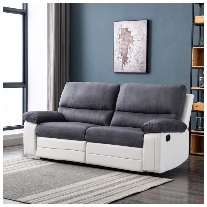 Canapé relax manuel - 3 places - DUSTIN - Tissu gris et Simili blanc