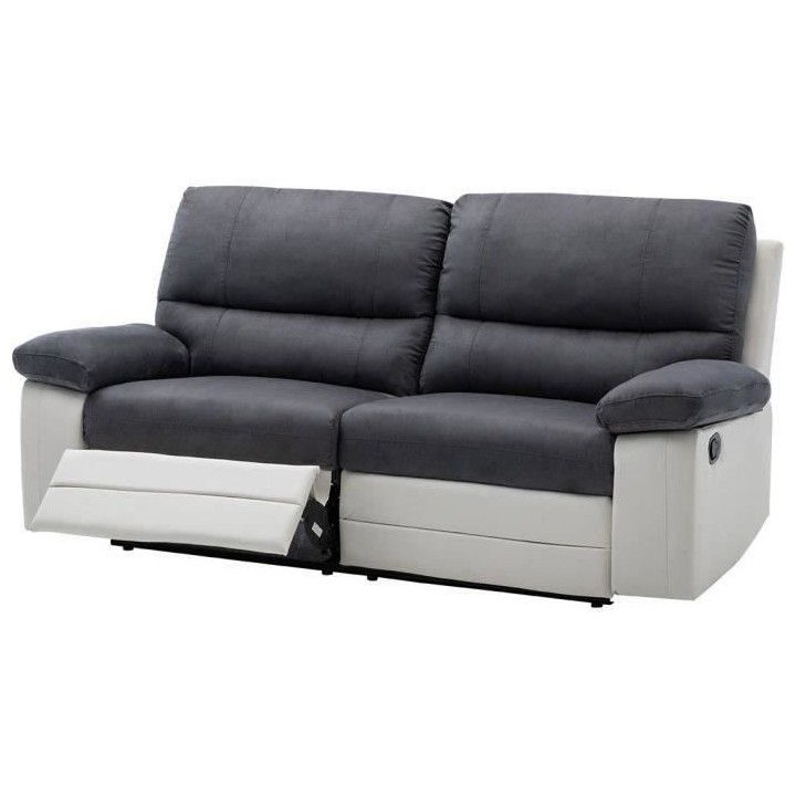 Canapé relax manuel - 3 places - DUSTIN - Tissu gris et Simili blanc