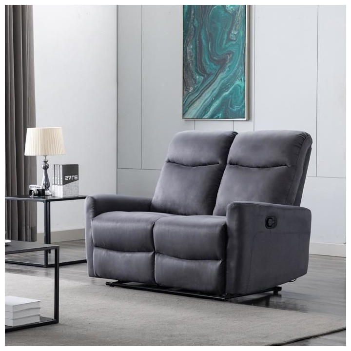 Canapé relax manuel - 2 places - JESS - Tissu gris - L 135 x P 97 x H