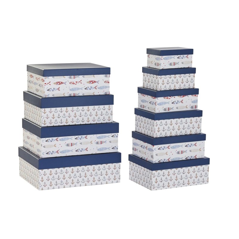 Jeu de Caisses de Rangement Empilables DKD Home Decor Marin Blanc Blue marine Carton (43,5 x 33,5 x 15,5 cm)