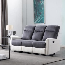 Canapé relax manuel - 3 places - JESS - Tissu Blanc et gris - L 185 x P 97 x H 98 cm