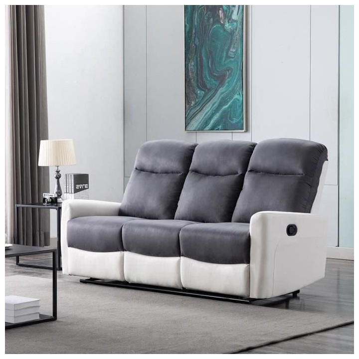 Canapé relax manuel - 3 places - JESS - Tissu Blanc et gris - L 185 x