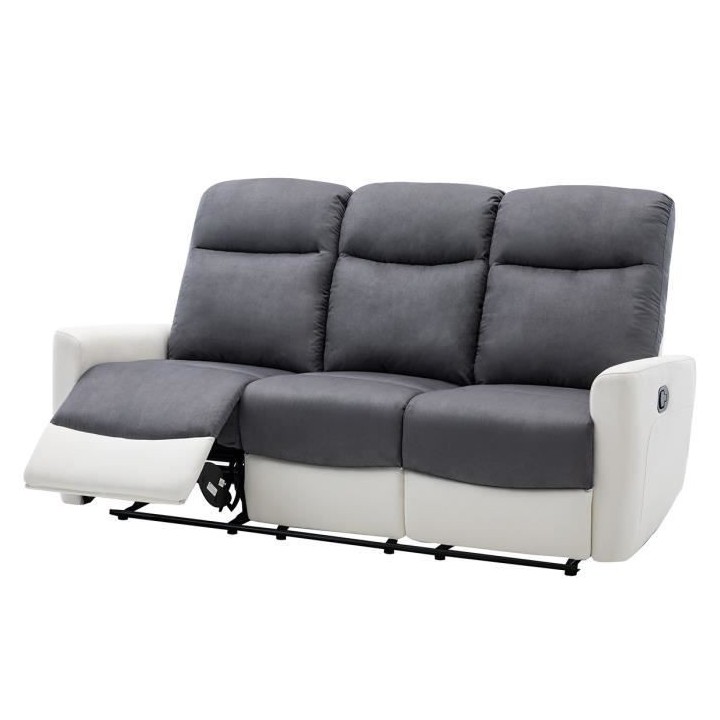 Canapé relax manuel - 3 places - JESS - Tissu Blanc et gris - L 185 x