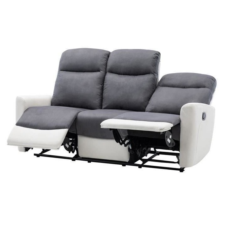 Canapé relax manuel - 3 places - JESS - Tissu Blanc et gris - L 185 x