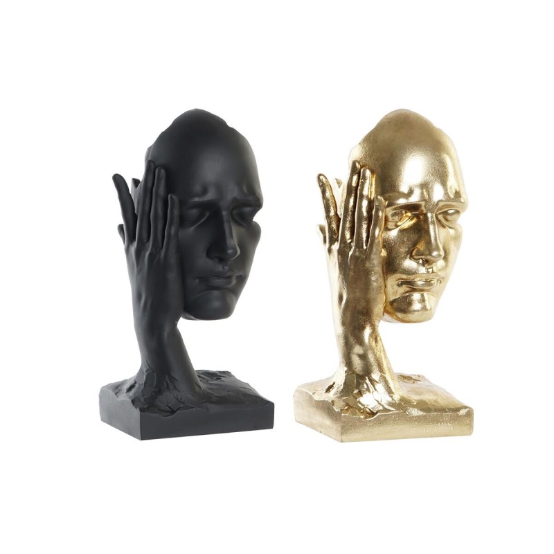 Figurine Décorative DKD Home Decor Visage 13,5 x 13,5 x 29,5 cm Noir Doré (2 Unités)