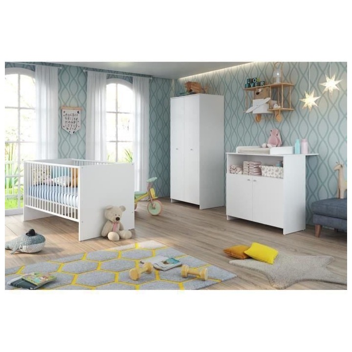 Chambre bébé Trio : Lit 70 x 140 cm + Commode a langer + Armoire NIK