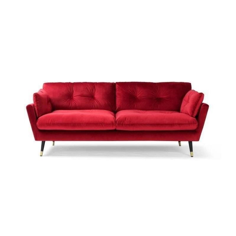 Canapé fixe 3 places - Velours rouge - Style contemporain - L 207 x P 93 x H 84cm - CALHERN