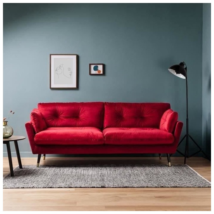 Canapé fixe 3 places - Velours rouge - Style contemporain - L 207 x P