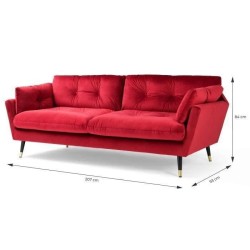 Canapé fixe 3 places - Velours rouge - Style contemporain - L 207 x P 93 x H 84cm - CALHERN